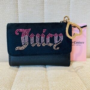 NEW Juicy Couture Black Suede Rhinestone Ombre Logo Trifold Wallet Heart